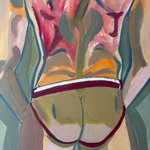 May include: Abstract painting of a figure's back and buttocks. The figure is wearing a yellow and maroon swimsuit. The background features pink, green, and blue brushstrokes. The letter "J" is visible on the figure's back. The painting is signed "LBX".