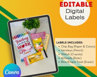 EDITABLE Digital Teacher Appreciation Baggie Labels | Digital File | Paper Sheet Chip Bag with Treat Labels | Edit with Canva