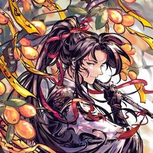May include: Digital illustration of a person in a black and white outfit, holding a flute. Long black hair with red ribbons and yellow accents. The background features orange fruit and foliage, with red flowers at the bottom.