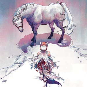 May include: An illustration of a white horse with a red bridle and a person with long white hair and a red outfit. The text "GOLDSHIP" is at the bottom, with Japanese characters below it. The background is a gradient of pink and blue.