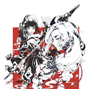 May include: Black and white illustration of two women in traditional Japanese clothing. The woman on the left is holding a sword and the woman on the right is holding a spear. The background is red with white clouds.