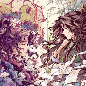 Puede incluir: Ilustración de dos figuras enfrentadas, cada una con cabello largo y oscuro. Una figura está rodeada de flores y follaje en tonos morados y azules. La otra figura está vestida de verde y blanco, sosteniendo un abanico, con bambú al fondo.