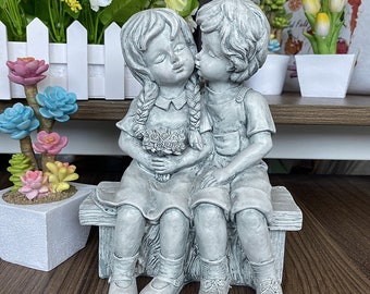 Jardin couple doux statue sculpture petit garçon fille rétro résine baiser couple jardin cour pelouse ornements décoration de la maison