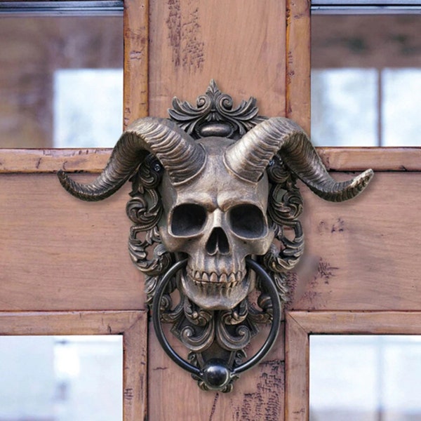 handmade Crafts Skeleton Head Door Knocker Decor Resin Goat-headed Figure  Punk Satan Skull Sheep Head Statue Wall Pendant Crafts