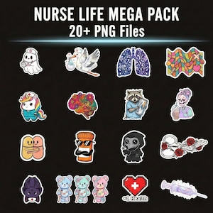 Puede incluir: Un conjunto de más de 20 archivos PNG con ilustraciones de temática médica. Incluye un fantasma con gorro de enfermera, una cigüeña, pulmones, un mapa, un unicornio, un cerebro, un mapache, un esqueleto, pastillas, un médico de la peste, tijeras, un vampiro y ositos de peluche.