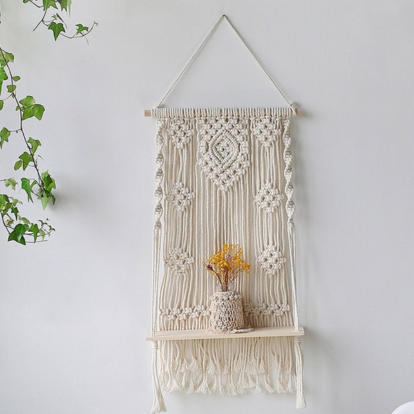 Estante de pared Macrame, Estante de madera flotante de granja, Estante colgante Boho, Decoración de pared Boho, Estantes colgantes Boho, Estantes de jardinera colgantes de interior