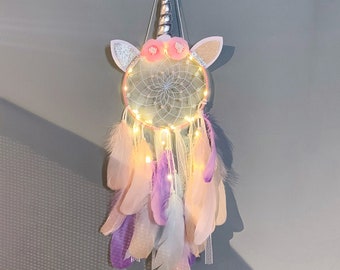 Unicorn Dream Catcher, Pastel Pink LED  Lights, Boho Nursery Wall Decor, Baby Bedroom Deco, Feather Handmade Flower Dream Catcher Gift