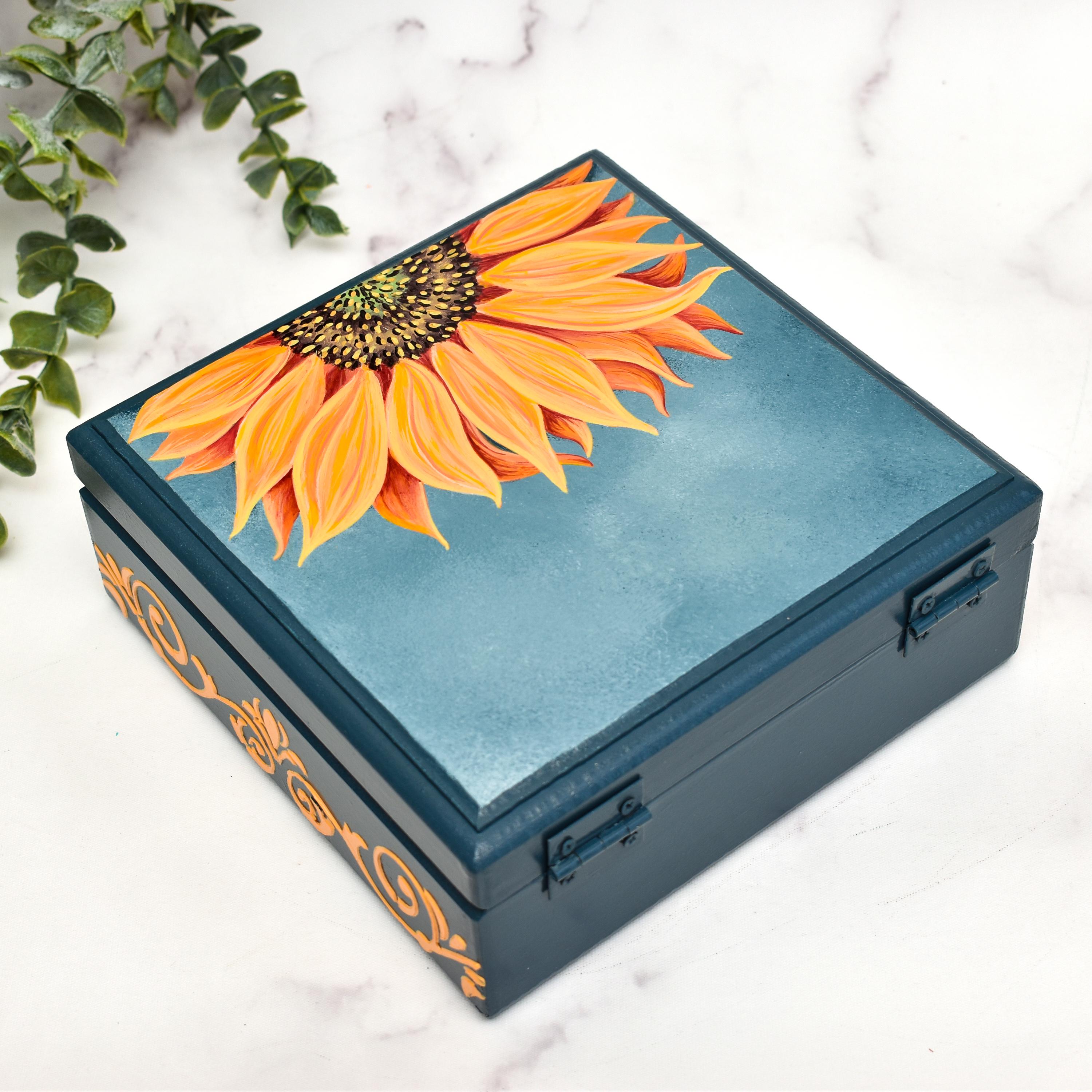 Hand-painted Sunflower Keepsake Box: Navy Blue Floral Memory Chest