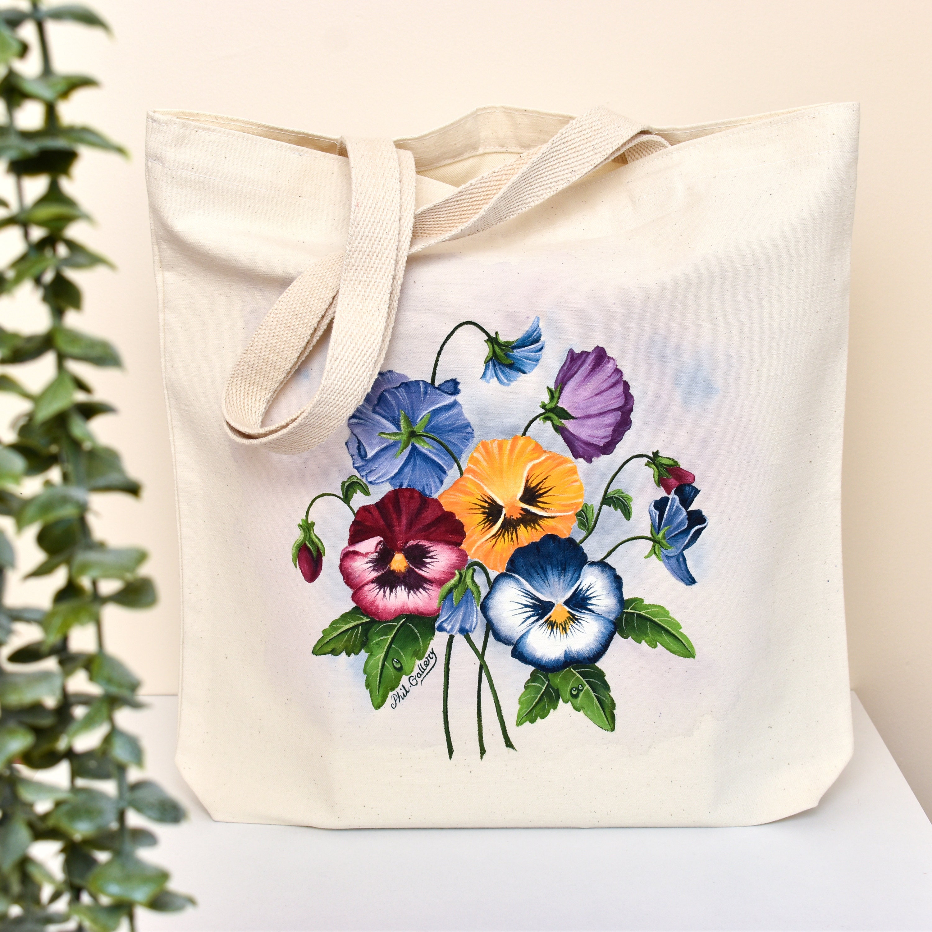 Painted Floral Tote Bag, Hand Painted Pansies Shoulder Bag, Flower
