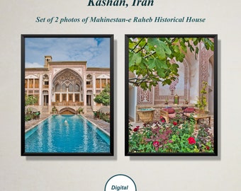 May include: Two photographs of the Mahinestan-e Raheb Historical House in Kashan, Iran. The first photograph shows the exterior of the house with a pool in the courtyard. The second photograph shows the interior courtyard with a fountain, plants, and seating.