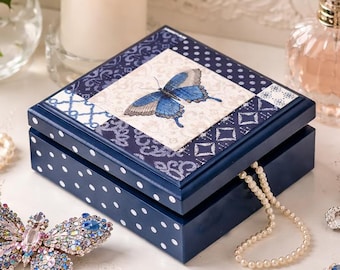Butterfly Keepsake Box, Dark Blue Jewelry Box, Handcrafted Box, Handmade Treasure Storage Box, Gift for her, Mom Present, Teenage Girls Gift