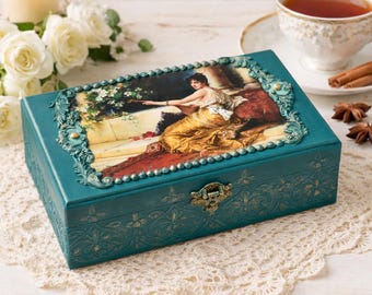 Wooden Teabag Box, Retro Style Rectangle Teabag Organizer, Decoupage Keepsake Chest, Wooden Sewing Case, Trinket Box, Green Jewelry Box
