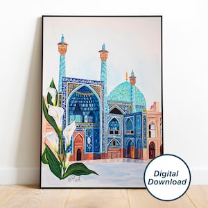 Puede incluir: Una pintura de acuarela de una mezquita con un exterior de azulejos azules y turquesa. La mezquita tiene dos minaretes y una gran cúpula. Hay lirios blancos en primer plano.