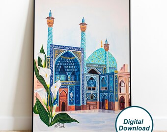 Shahmoskén med callaliljor utskrivbar, persisk arkitekturväggdekor, Isfahan-foto, iransk väggkonst, Iran-affisch, Esfahan-resepresent