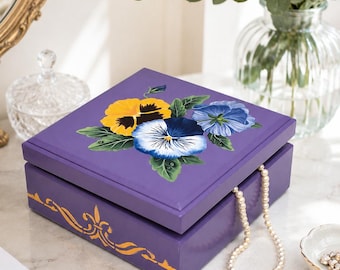 Hand Painted Pansy Keepsake Box, Custom Name Memory Chest, Floral Jewelry Organizer, Personalized Gift for Women, Painted Wooden Trinket Box