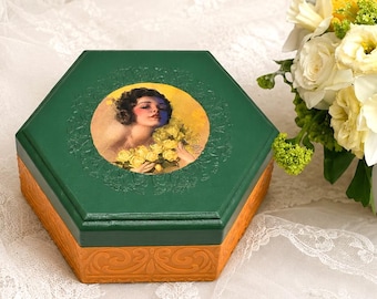 Wooden Memory Box, Custom Name Jewelry Box, Small Keepsake Box, Decoupage Jewelry Organizer, Hexagonal Decorated Box, Colorful Stash Box