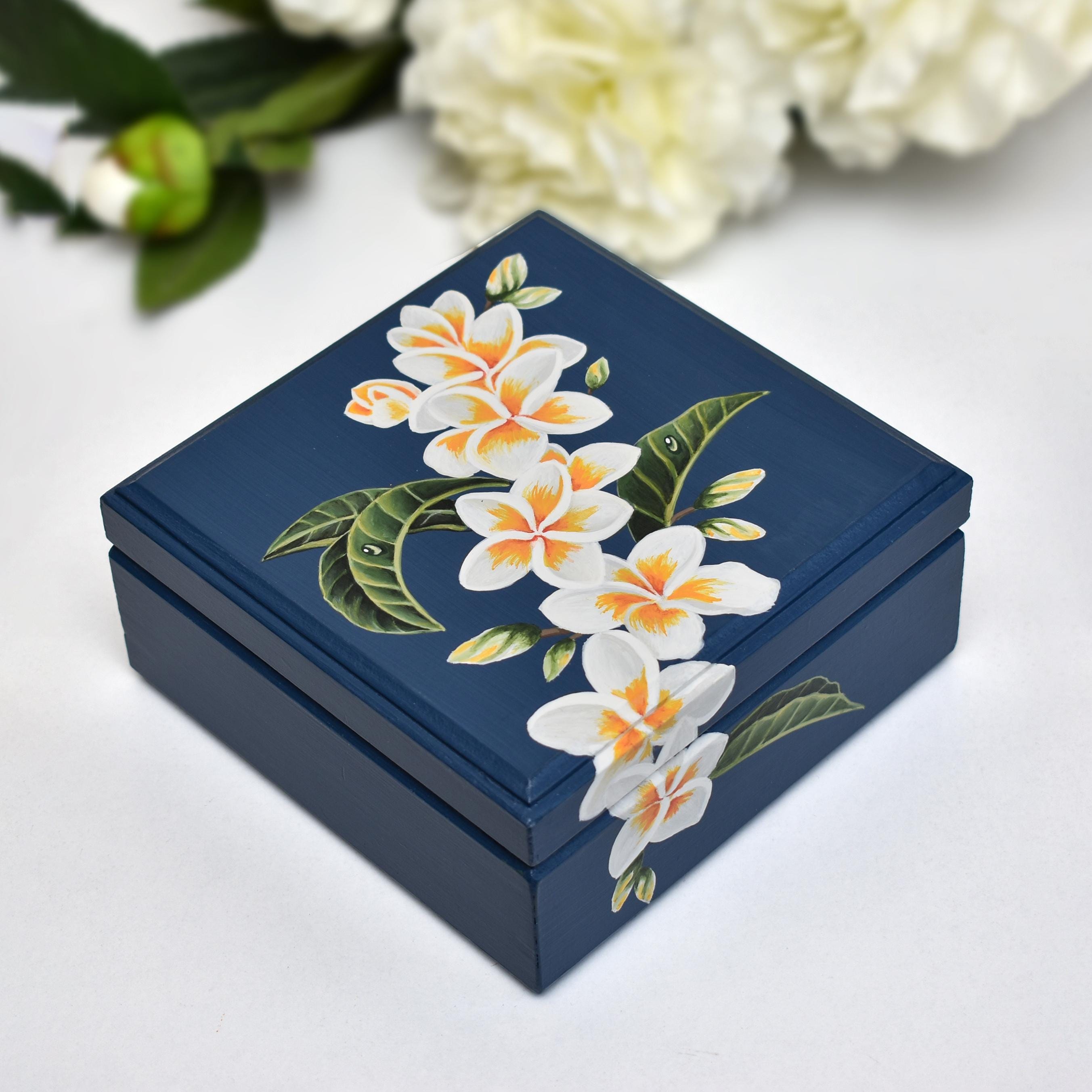 Handpainted Wooden Box Floral, Custom Name Plumeria Keepsake Box
