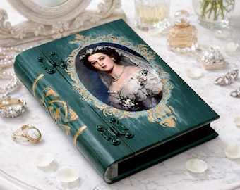 Wooden Book Box, Memory Keepsake Box, Shabby Chic Presents, Victorian Style Decorative Chest, Decoupage Book Storage Box, Green Book Case