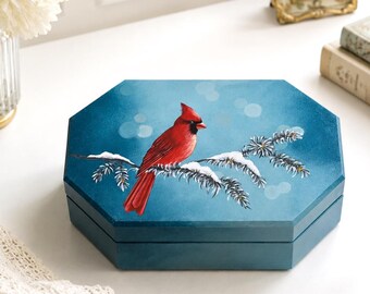 Personalized Christmas Eve Box: Hand-painted Keepsake Chest, Wooden Tea Box, Painted Bird Jewelry Case, Blue Sewing Box, Winter Red Cardinal