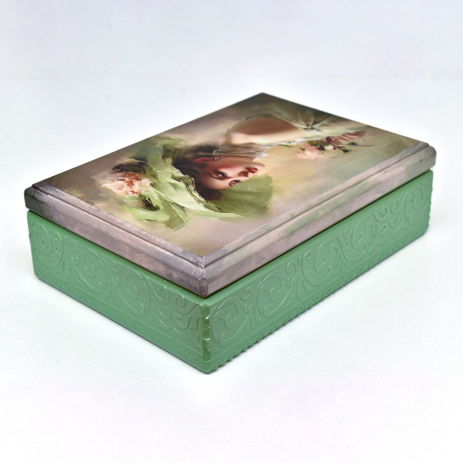 Green Victorian Style Jewelry Box, Keepsake Box With Lid, Decoupage Memory Box, Gift for Teenage