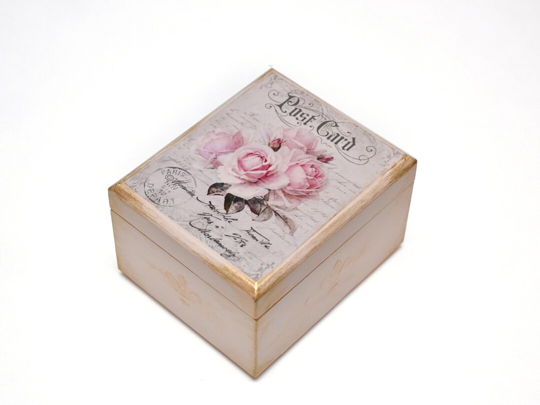 Vintage Rose Jewelry Box, Small Keepsake Box, Decoupage Memory Box, Sabby Chic Treasure Box