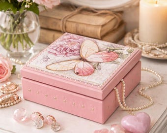 Personalized Jewelry Box, Butterfly Keepsake Box, Wooden Decoupage Box, Treasure Storage Case, Pink Trinket Box, Teenage Girl Gift Box