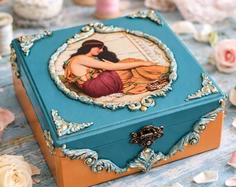 Large Keepsake Box , Victorian Jewelry Organizer, Decorated Memory Case, Teenage Girl Gifts, Vintage Trinket Chest, Decoupage Box