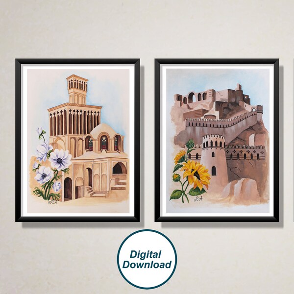 Iran Set of 2 Printable, Bam Citadel & Aghazadeh Mansion Paintings Photo, Persian Architecture Wall Art, Yazd Travel Poster, Kerman Photo