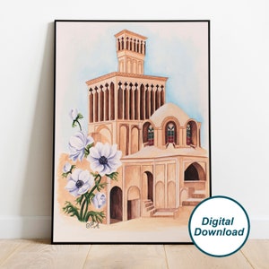 Aghazadeh Mansion with Anemone Printable, Persian Architecture Wall Decor, Yazd Photo, Iranian Wall Art, Iran Poster, Iranian Travel Gift
