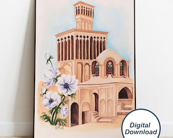 May include: A watercolor painting of a traditional Iranian building with a domed roof and a tall tower. The building is painted in shades of beige and brown, with blue accents. White flowers are in the foreground.