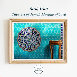 May include: A close-up of a blue tiled wall with a colorful geometric pattern in the center. A small wooden stool sits in the corner of the image. The text "Yazd, Iran" and "Tiles Art of Jameh Mosque of Yazd" is displayed above the image.