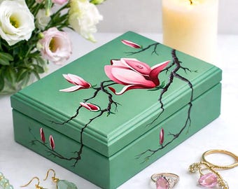 Hand Painted Magnolia Wooden Jewelry Box, Floral Green Wood Keepsake Box, Trinket Box, Decorative Storage Box, Boho Botanical Birthday Gift