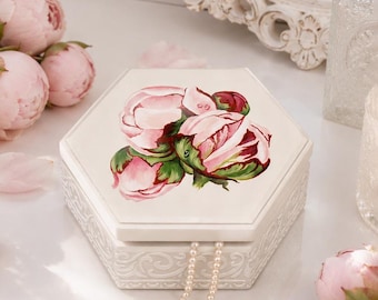 Painted Wooden Box, Custom Name Flower Keepsake Box, Small Peony Memory Case, Women Trinket Chest, Bridemaid Gift Box, Spring Decor