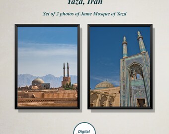 May include: Two photos of the Jame Mosque of Yazd, Iran. The first photo shows the mosque from a distance, with the blue sky and mountains in the background. The second photo is a close-up of the mosque's minarets, showing intricate tile work.
