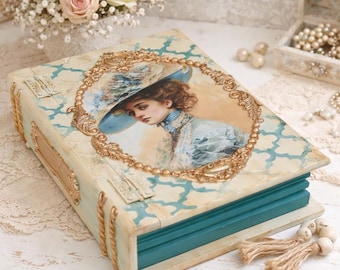 Decoupage Wooden Book Box, Victorian Style Keepsake Treasure Chest, Shabby Chic Hollow Book Case, Faux Book Storage, Handmade Trinket Box