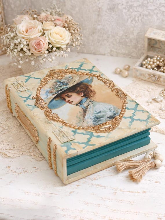 デコパージュ ꔛ‬ꕤ インテリア雑貨♡収納BOX♡薔薇♡小物入れ♡ガーデン Decoupage Wooden Book Box, Victorian Style Keepsake Treasure Chest