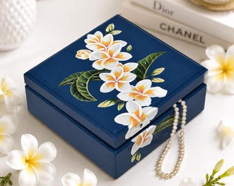 HandPainted Wooden Box Floral, Custom Name Plumeria Keepsake Box, Wooden Memory Box, Blue Jewelry Box, Mom Birthday Gift, Decorative Chest