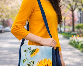 Hand Painted Shoulder Bag with Sunflowers, Flowers Cross Body Bag, Messenger Bag Women, Casual Everyday Bag, Sunflower Gift
