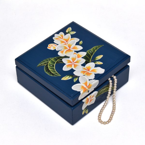 Hand-Painted Wooden Box Floral, Custom Name Plumeria Keepsake Box, Tropical Flower Memory Case, Navy Blue Trinket Box, Women Bracelet Chest