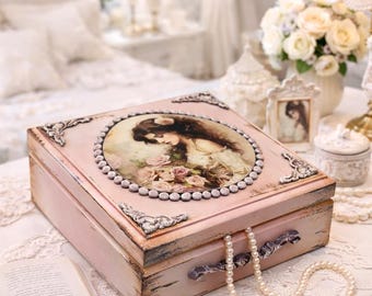 Shabby Chic Decoupage Jewelry Box: Victorian Style Trinket Chest, Pink Treasure Case
