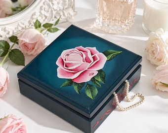 Hand Painted Rose Jewelry Box, Personalized Wooden Trinket Box, June Birth Flower Keepsake, Floral Wood Storage Chest, Custom Name Gift