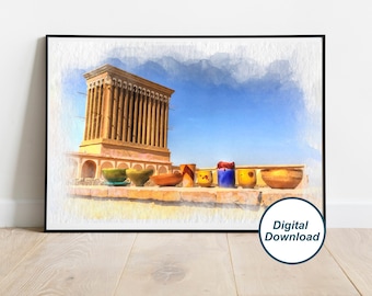 Foto de la torre del viento de Yazd, pintura digital, cartel de Yazd, cazador de viento de Yazd, pintura de acuarela, decoración persa, arte de la pared iraní, foto de Irán