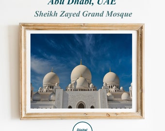 Sheikh Zayed Grand Mosque photo, Abu Dhabi Poster, Original Art Print, Blue & White Wall Decor, United Arab Emirates, Travel Photos