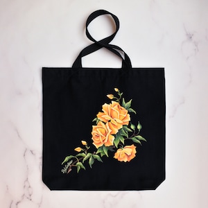 Baumwolltasche, Handbemalte Rose, Eco Canvas Umhängetasche, Blumenkunst Geschenk für Frauen, wiederverwendbare Einkaufstasche & Schultasche