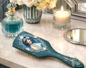 Hand-painted Victorian Hair Brush, Antique Wooden Comb, Teal Bridesmaid Hairbrush, Teenager Girl Gifts, Anniversary Gift, Painted Hairbrush