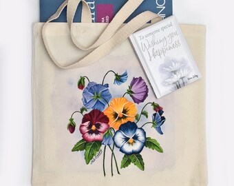 Painted Floral Tote Bag, Hand Painted Pansies Shoulder Bag, Flower