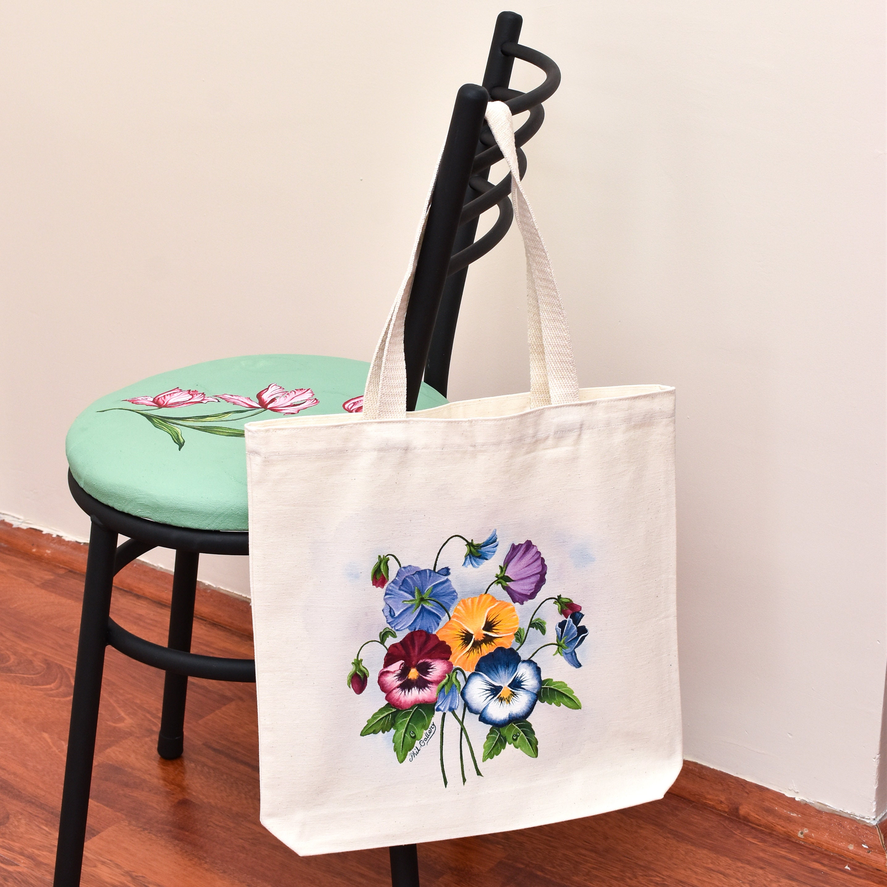 Painted Floral Tote Bag, Hand Painted Pansies Shoulder Bag, Flower