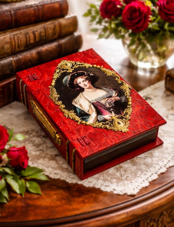 Red Decoupage Wooden Book Box, Victorian Hollow Faux Book Storage