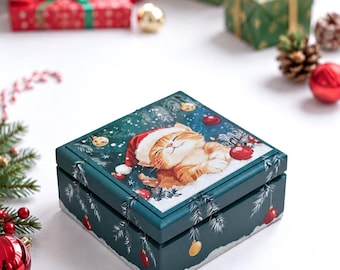Personalized Christmas Eve Box, Hand-Painted Wooden Case, Custom Name Small Trinket Chest, Decoupage Holiday Keepsake Box, Cat Lover Gift