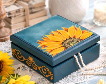 Hand-painted Sunflower Keepsake Box: Navy Blue Floral Memory Chest